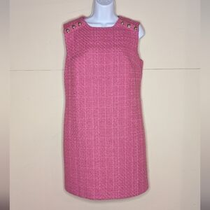 Ann Taylor Pink Tweed Midi Shift Dress with Gold Buttons